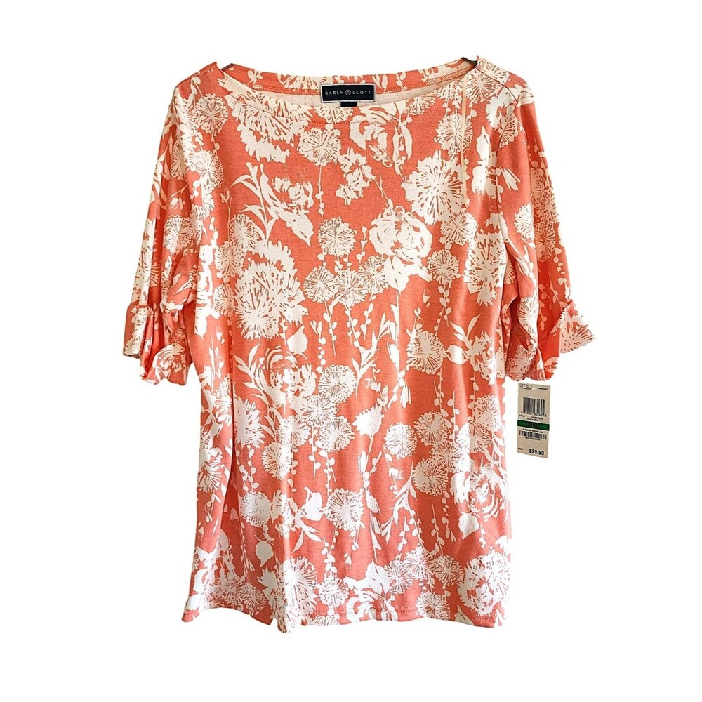 Stretch Woman's Shirt by Karen Scott - Peach Floral - NWT. Size - L
